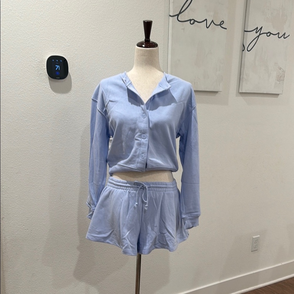 Light Blue Button-Up Lounge Set with Drawstring Shorts